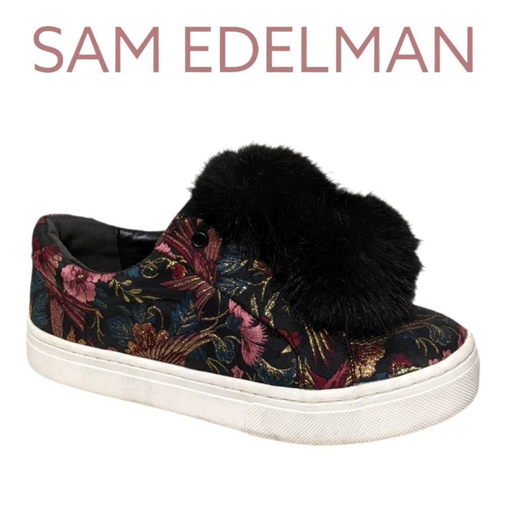 SAM EDELMAN Leya Pom Pom Floral Bird Jacquard Sneakers 6.5